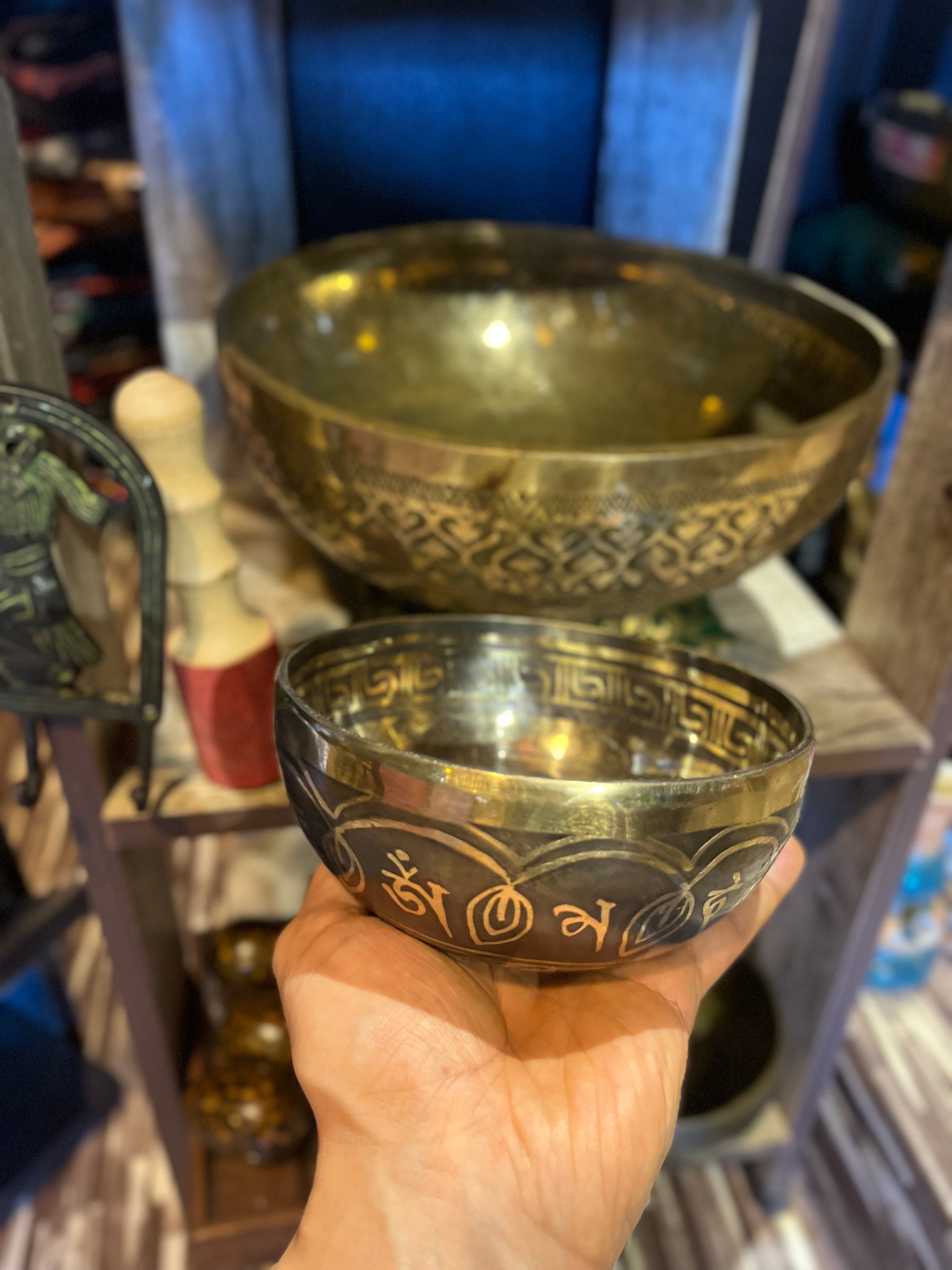 Hand-Hammered and Carved Seven Metals Singing Bowl - Hand Engraved Inside and Outside