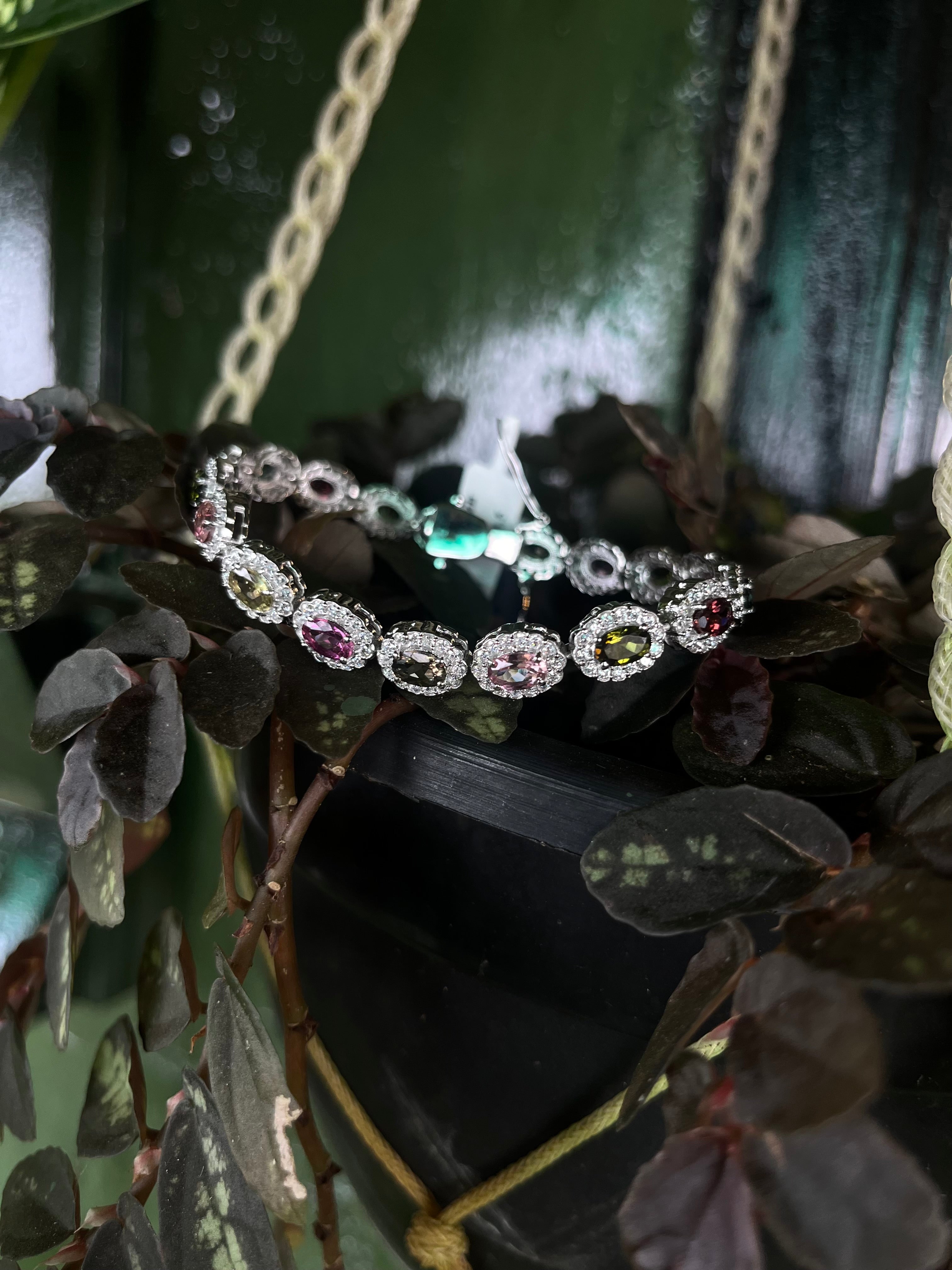 Exquisite Multi-Color Tourmaline and Himalayan Crystal Bracelet - Solid Silver 9.25 with Platinum Coating