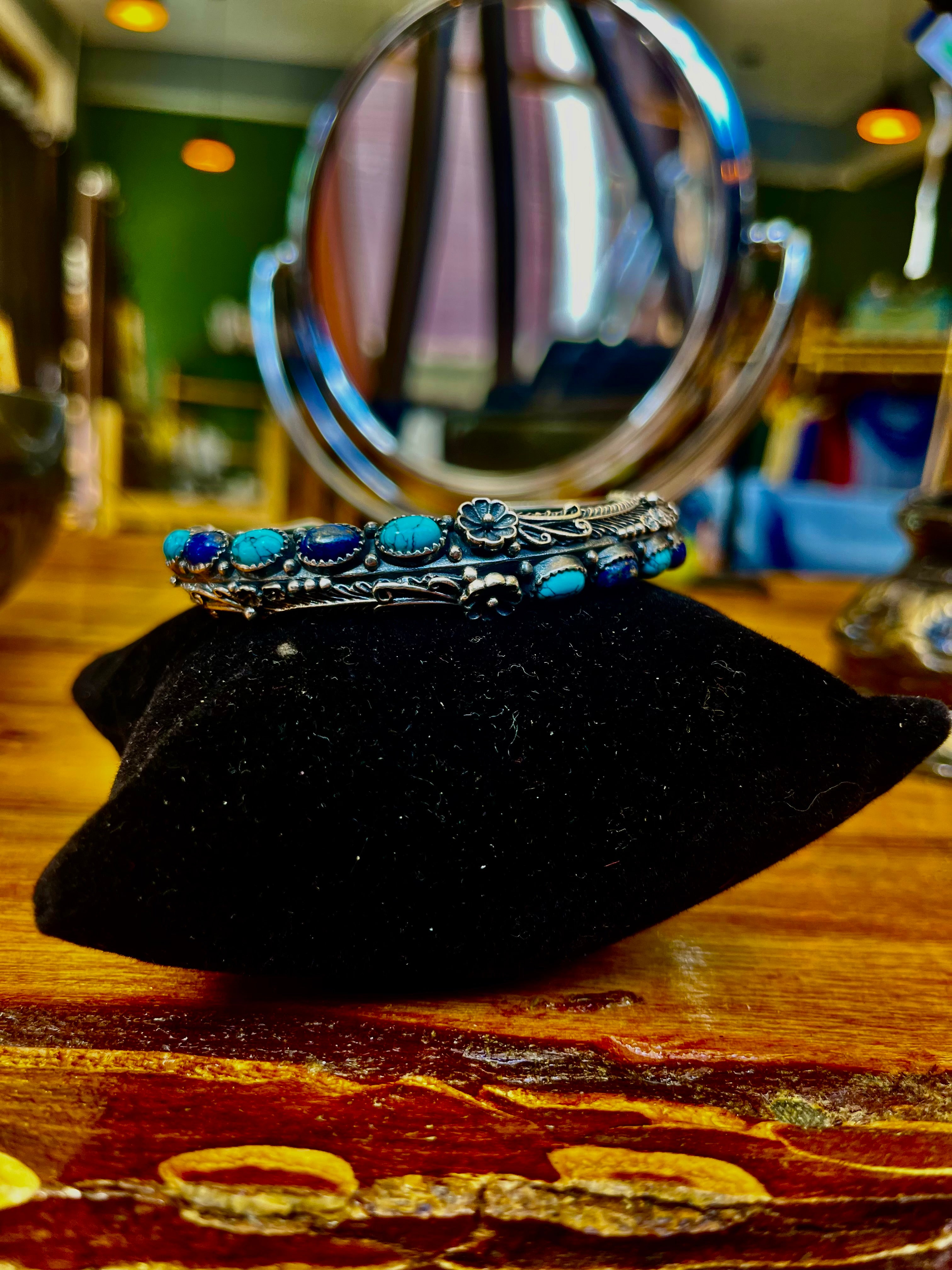 Exquisite Oxidized Silver Bangle with Lapis Lazuli & Turquoise