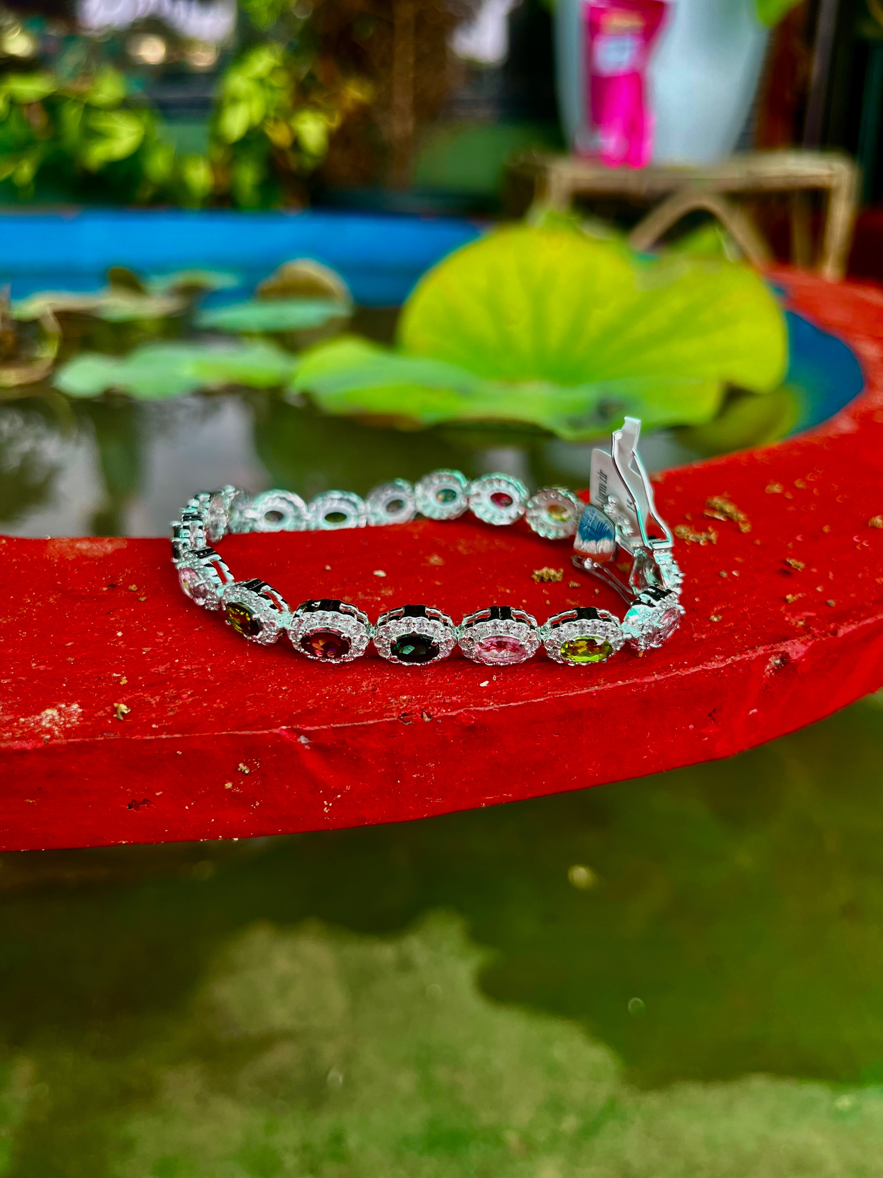 Exquisite Multi-Color Tourmaline and Himalayan Crystal Bracelet - Solid Silver 9.25 with Platinum Coating