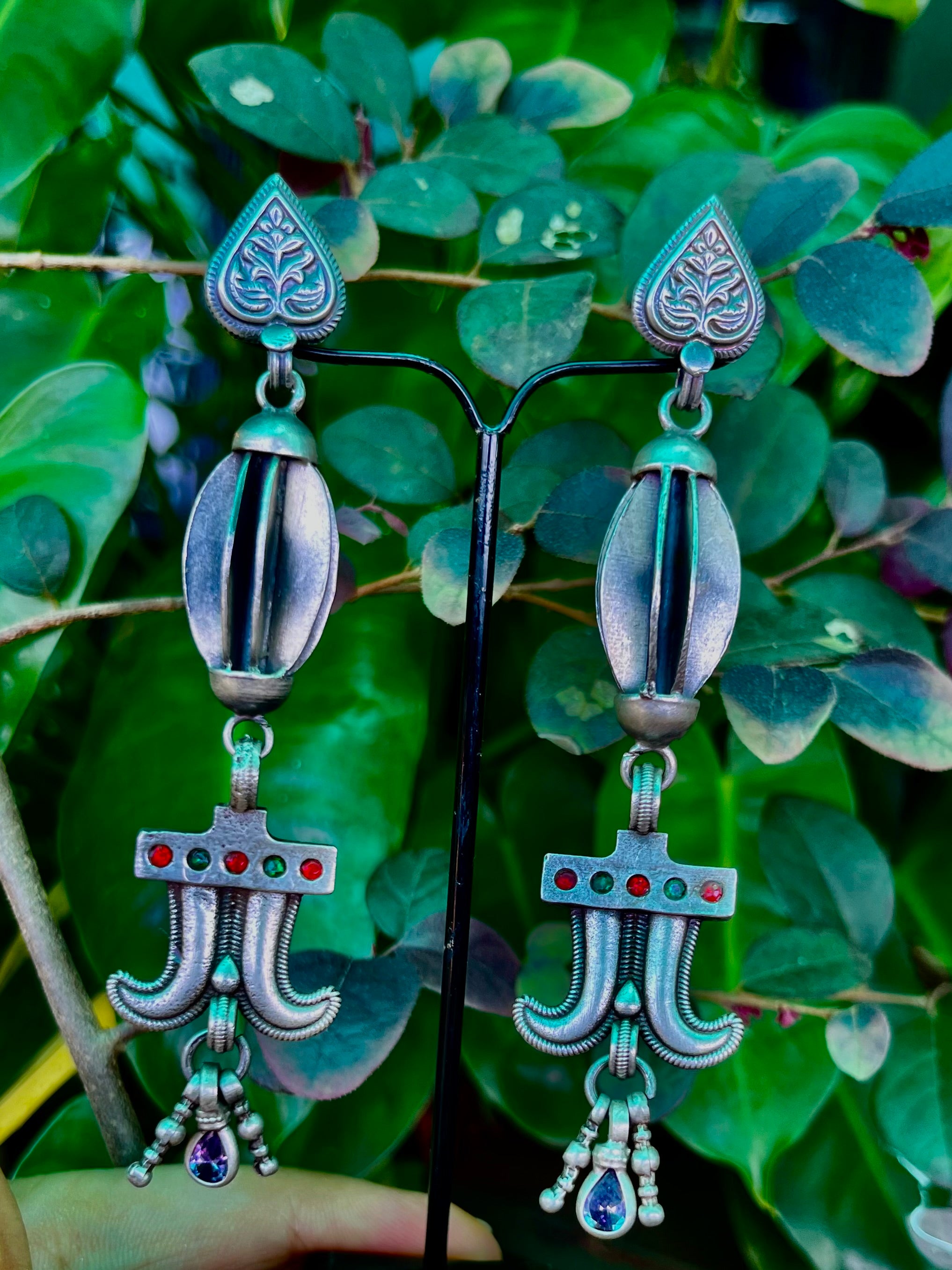 Antique Earrings with Rubies, Emeralds, and Amethysts in 92.5 Silver