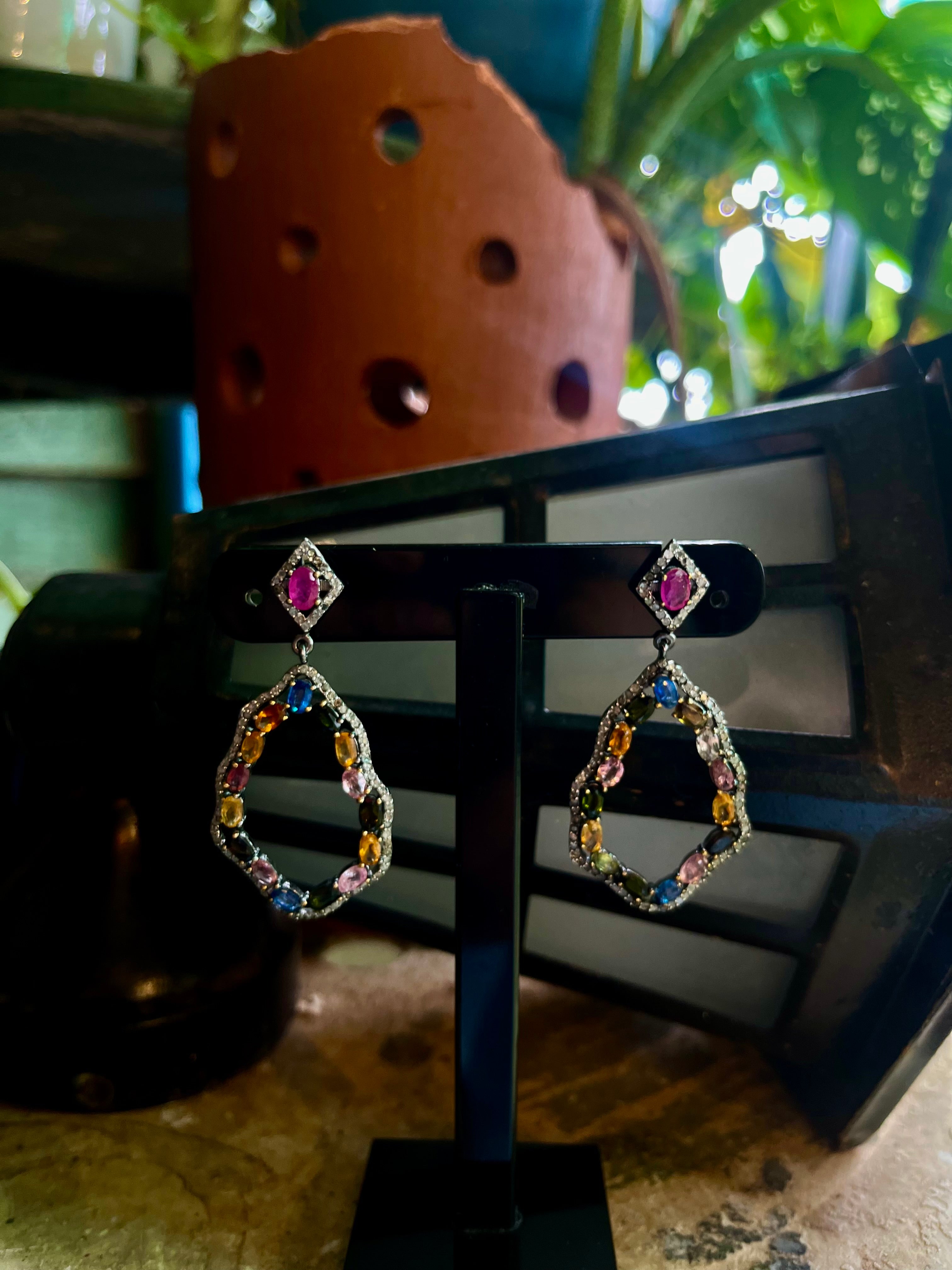 Exquisite Rubies, Diamonds, and Multi-Sapphire Earrings in Black Rhodium - 92.5 Silver