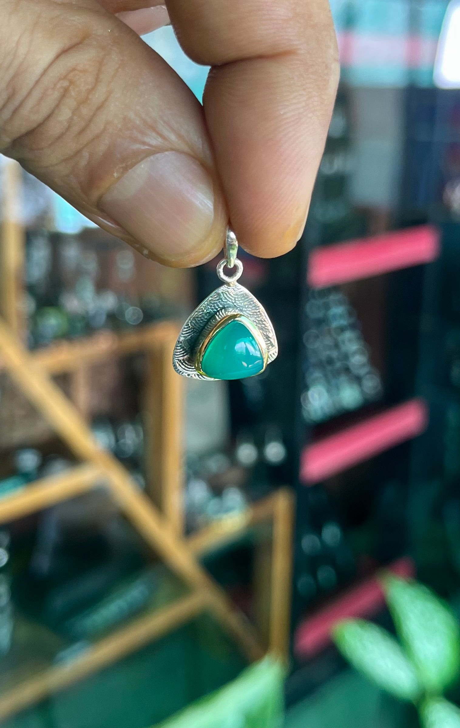 Handmade Green Onyx Triangle Pendant in Solid Silver