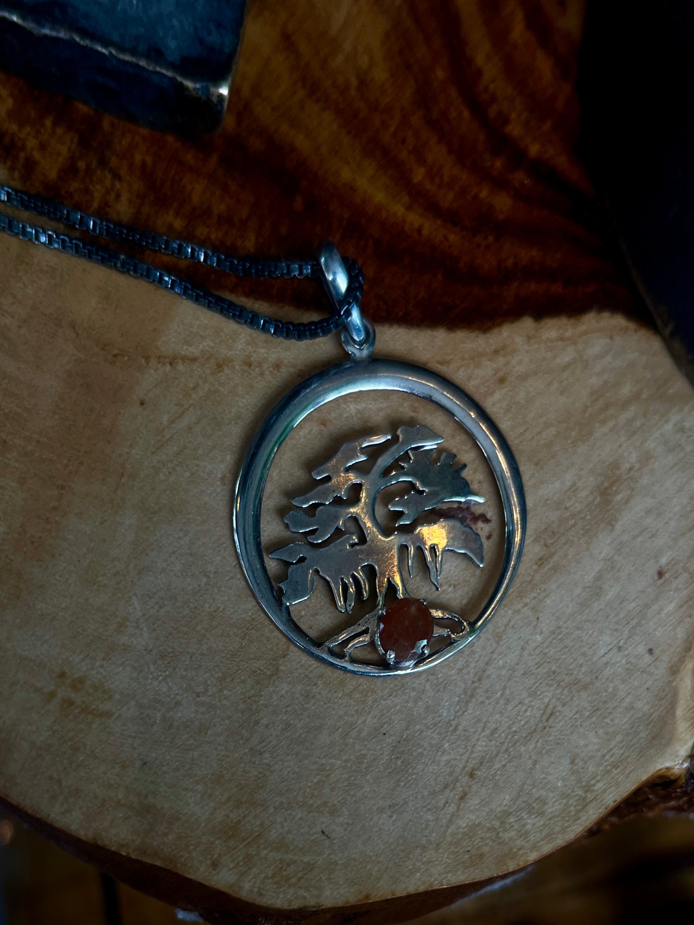 “Radiant Tree of Life Pendant: Handcrafted Silver with Carnelian Center”