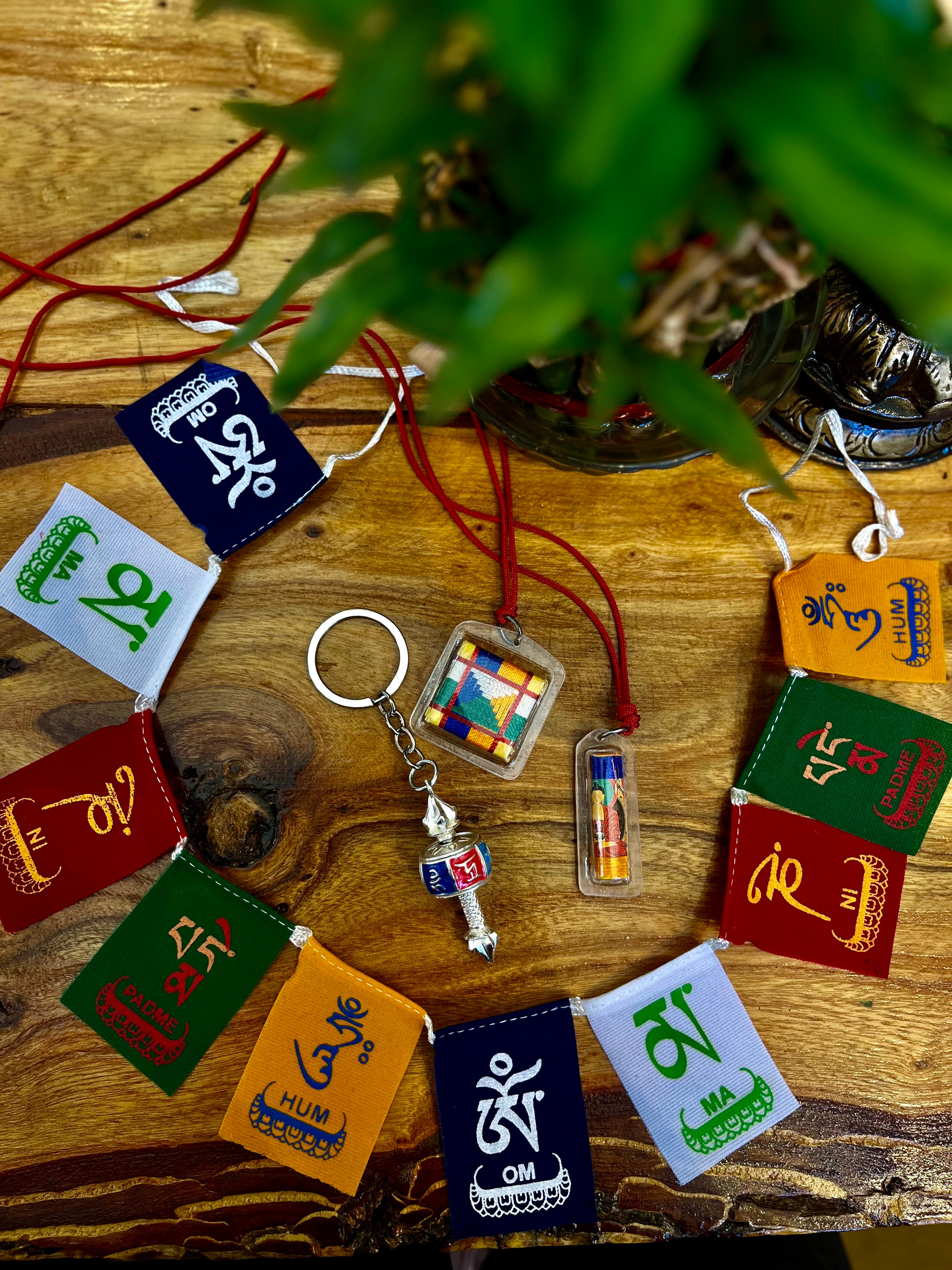 Spiritual Protection Package: Prayer Flags, Prayer Wheel Keychain, and Blessing Mandala Amulet