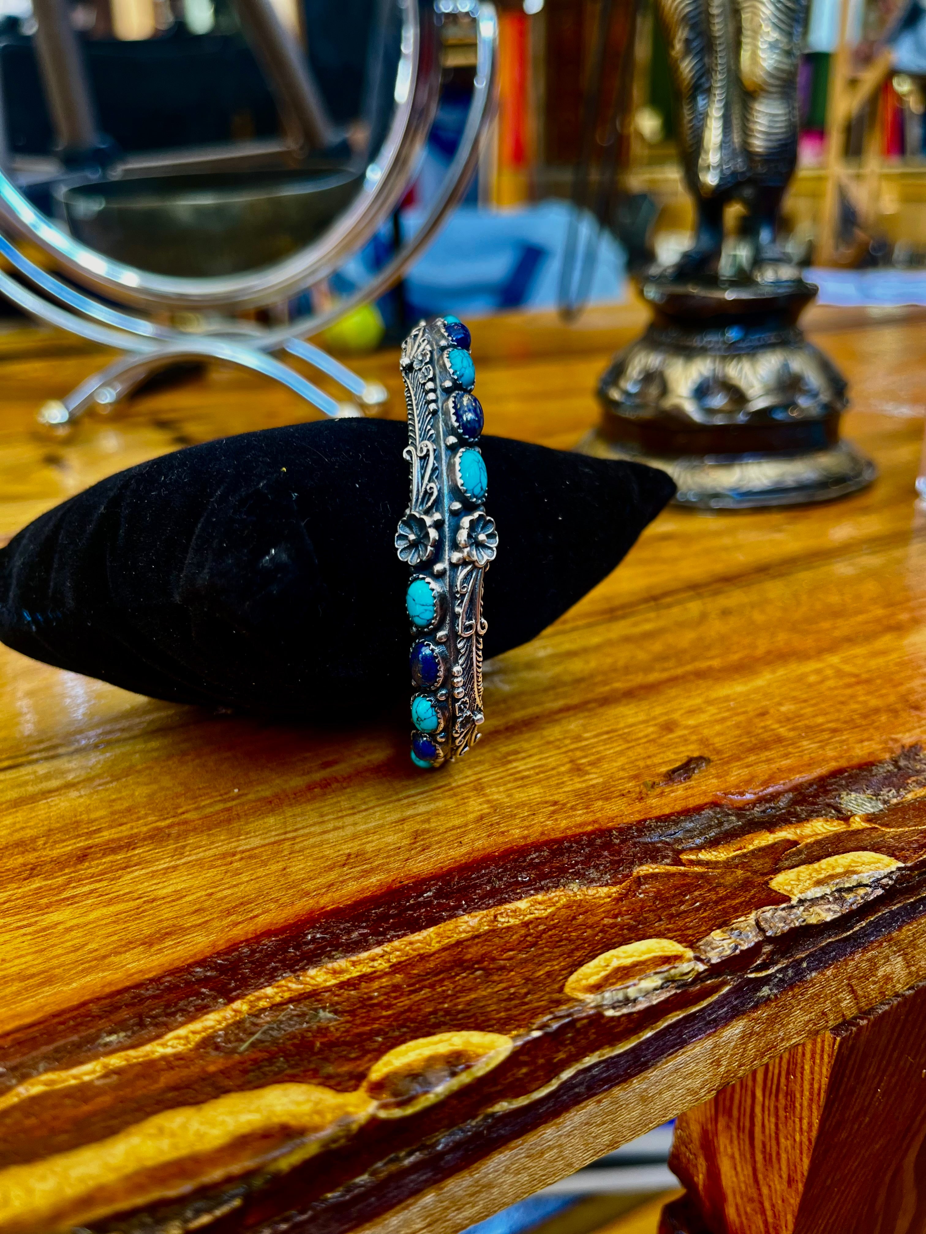 Exquisite Oxidized Silver Bangle with Lapis Lazuli & Turquoise