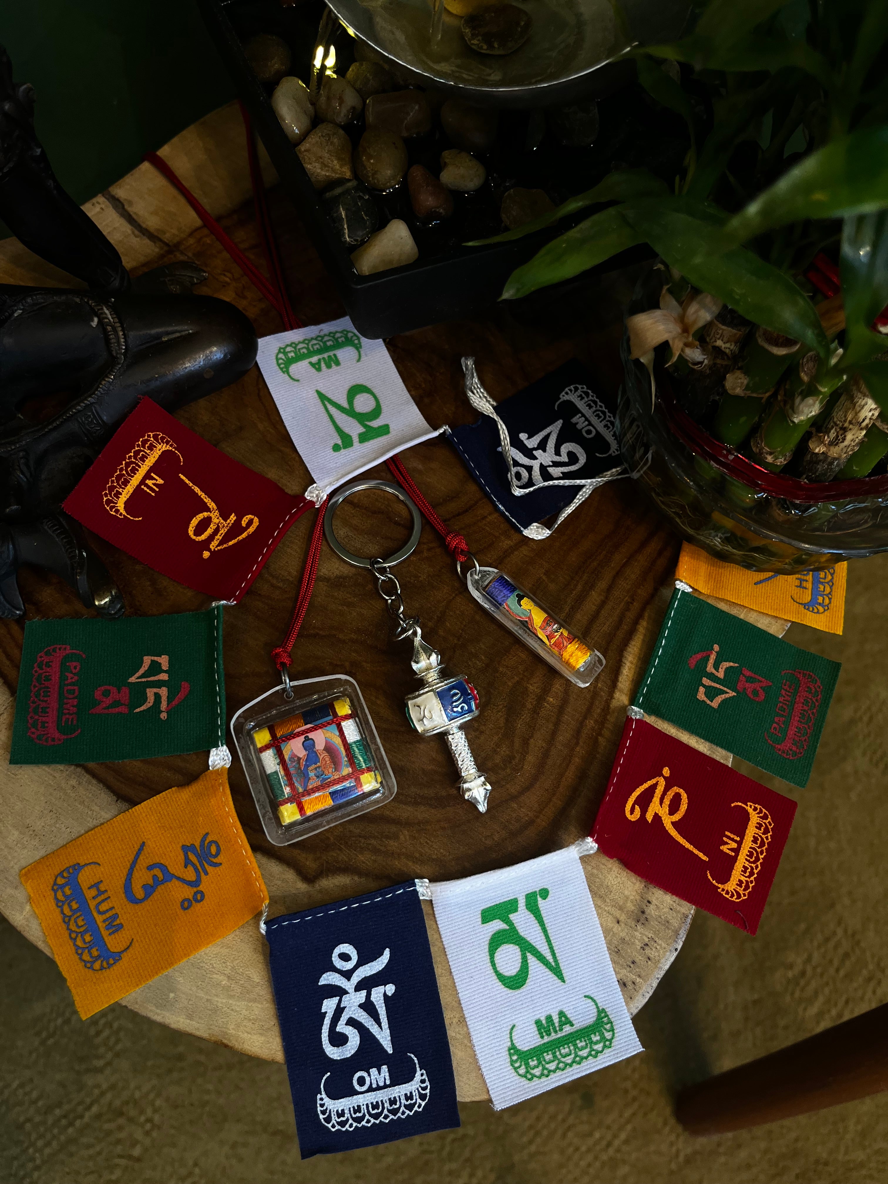 Spiritual Protection Package: Prayer Flags, Prayer Wheel Keychain, and Blessing Mandala Amulet