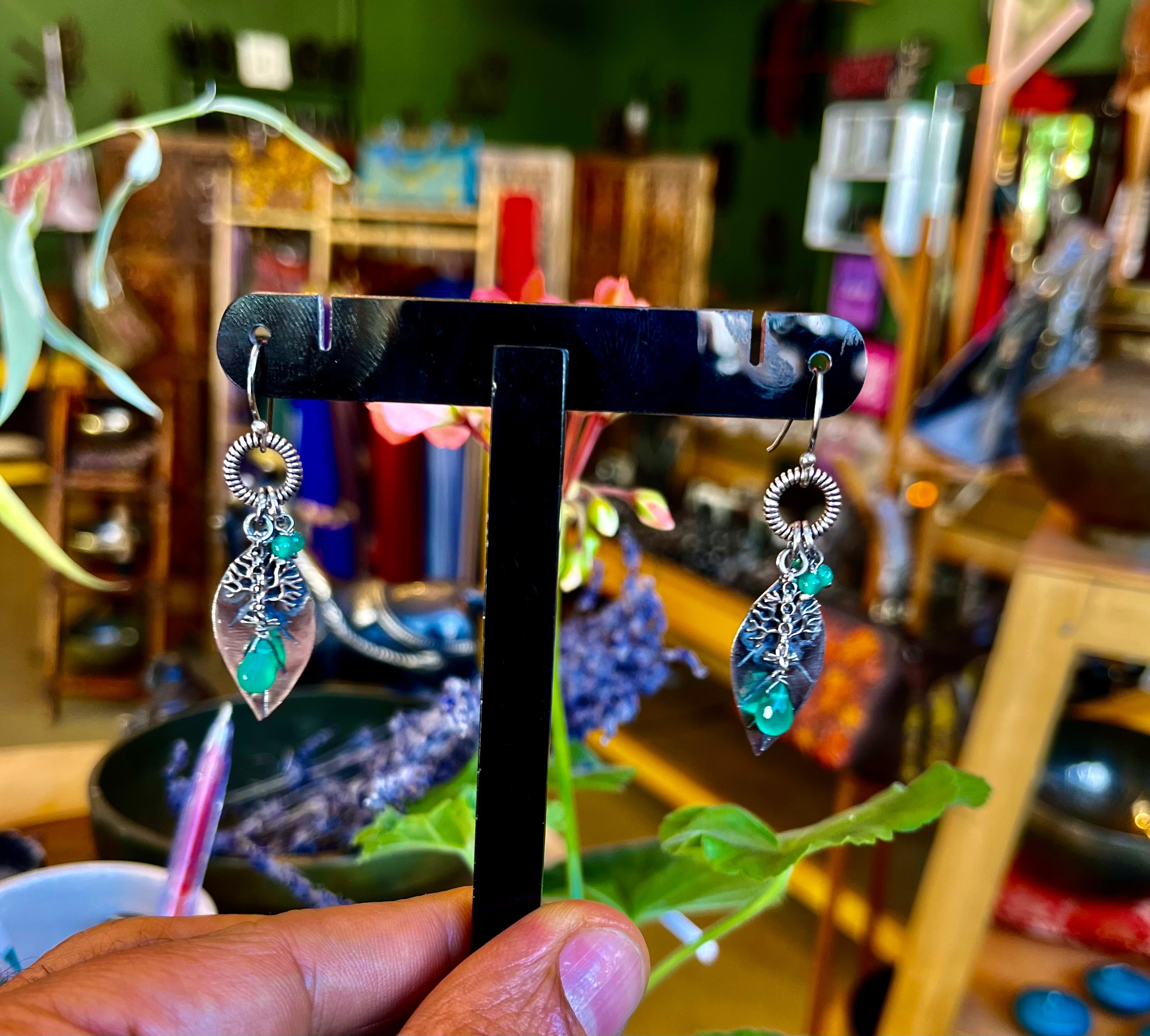 Green Onyx Tree of Life on Silver Leaf Earrings - Boho Style Nature Inspirations