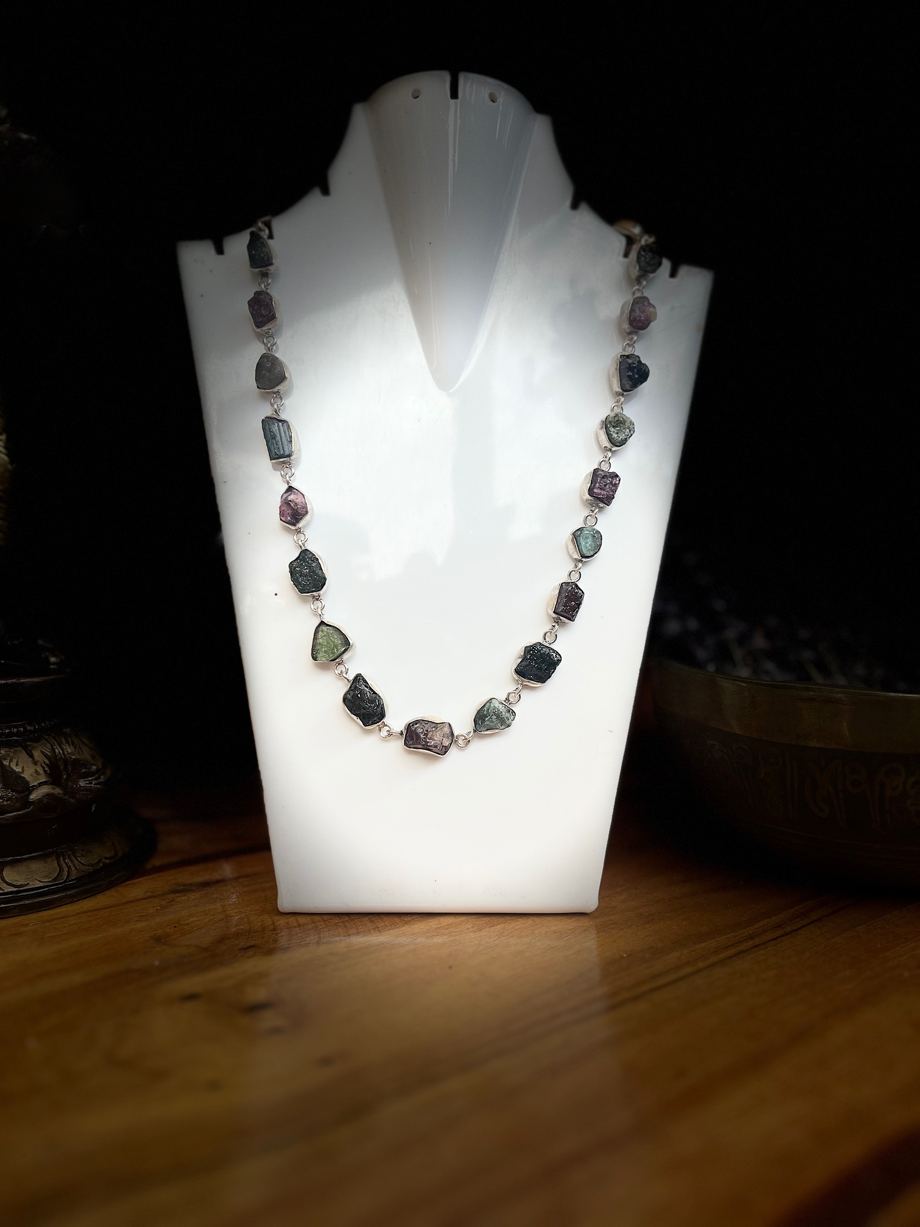 Handmade 92.5 Silver Watermelon Tourmaline Necklace with Rough Stones