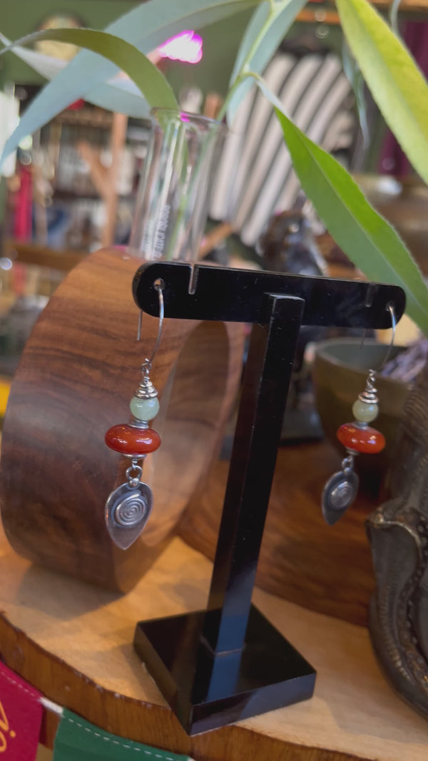 Elegant Spiral Earrings with Carnelian and Aquamarine Stones